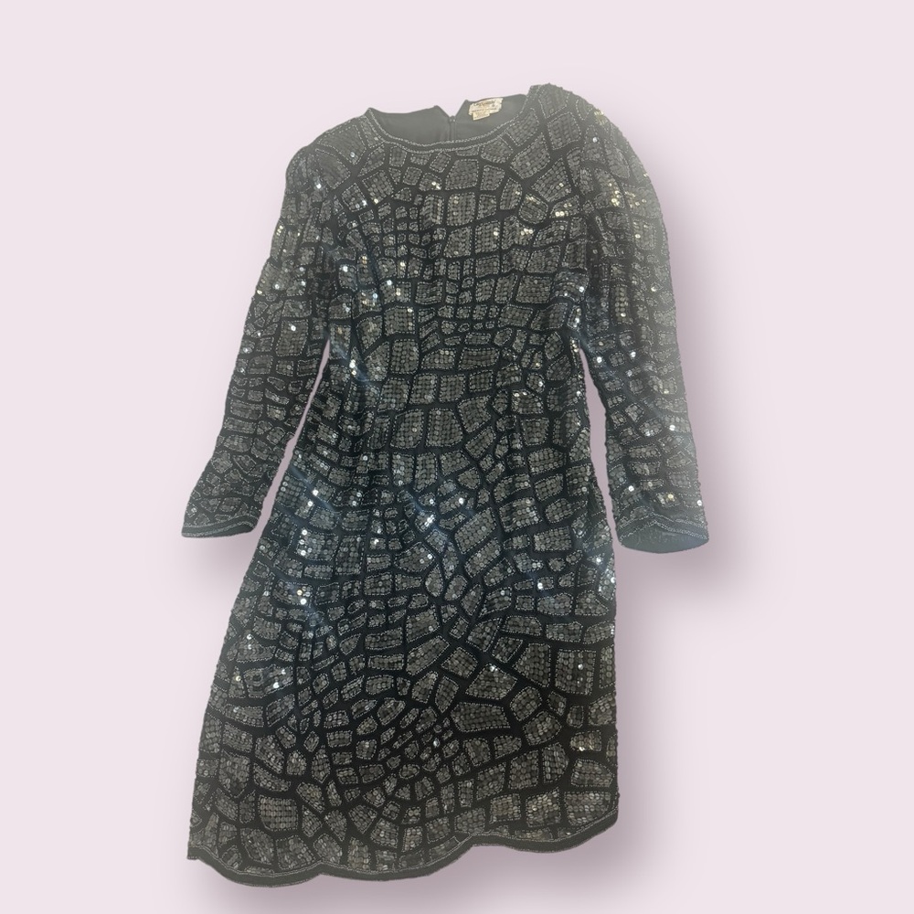 Oleg Cassini Black and Silver Sequin Dress 100% silk